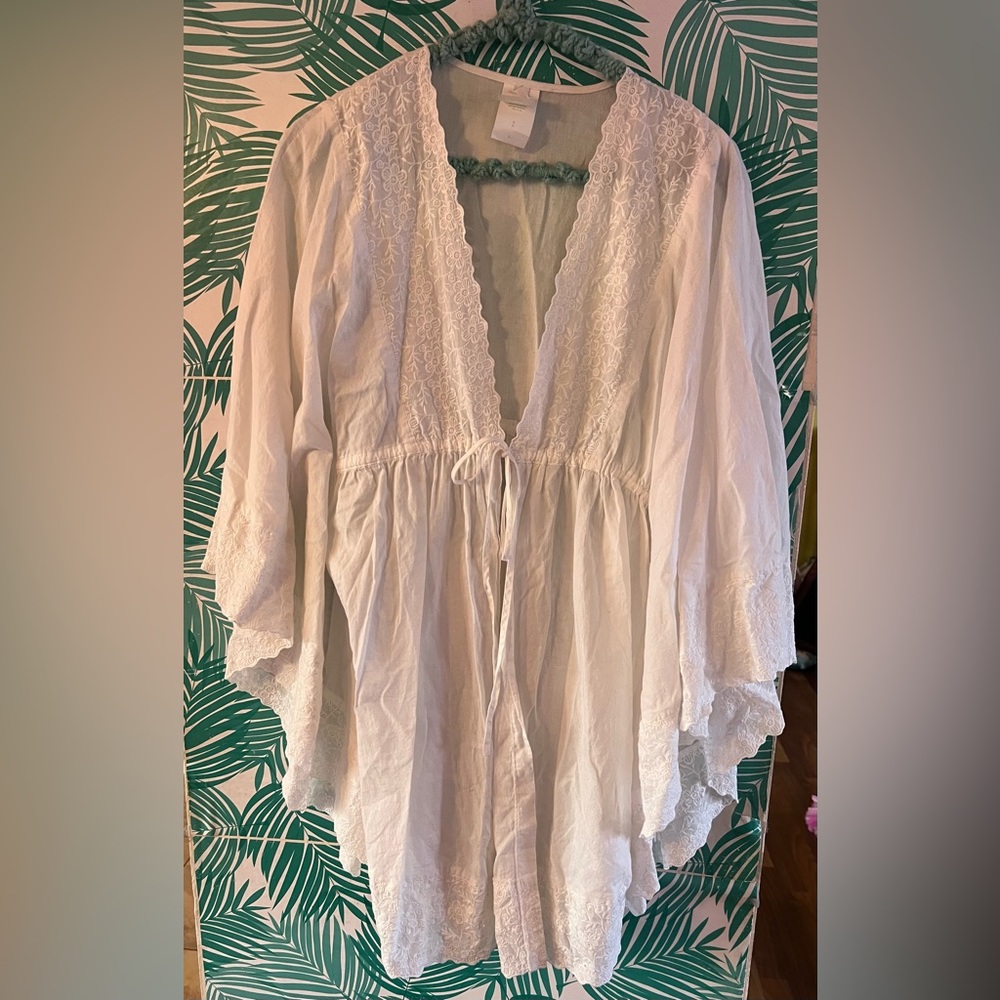 Perry Ellis 100% cotton Kaftan embroidered front tie flutter sleeve cover